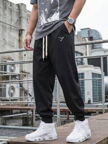 Gym Rark 男士休閒日常通勤圖案印花抽繩腰束口慢跑褲，健身適用 - 黑色 - 查看 1
