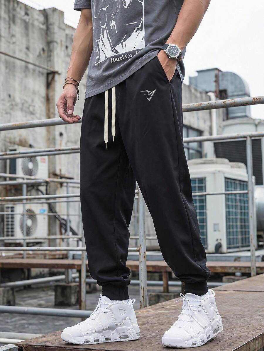 Gym Rark 男士休閒日常通勤圖案印花抽繩腰束口慢跑褲,健身適用 - 黑色 - 查看 1