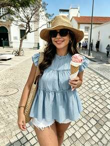 Vionelle Plus Size Women's Solid Color Loose Ruffle Patchwork Doll Blouse - Mint Blue - View 5