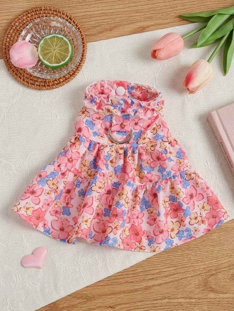 PETSIN Summer Floral Pet Dress With D-Ring, Adjustable Open Chest Pink & Blue Flower Ruffled Dog Clothes, Princess Dress For Teddy, Bichon, Pomeranian, Cats For Outdoor Walks - Pink - View 1