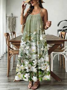 SHEIN VCAY Đầm maxi nữ phong cách vintage đi nghỉ dưỡng | Họa tiết hoa mộc lan màu xanh nhạt, dây đeo mảnh - Đầm dài dáng rộng xếp ly bay bổng có túi, đồ mặc đi biển thường ngày - Nhiều màu - Xem 5