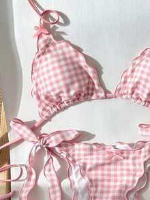 Swim Mod Bộ bikini nữ 2 món hot bán chạy 2026, phong cách retro lãng mạn thanh lịch trưởng thành quyến rũ, buộc eo nhún bên nâng ngực, họa tiết kẻ sọc đỏ trắng ngẫu nhiên, phong cách Bohemian đi biển và câu lạc bộ, xuân/hè - Hồng - Xem 3