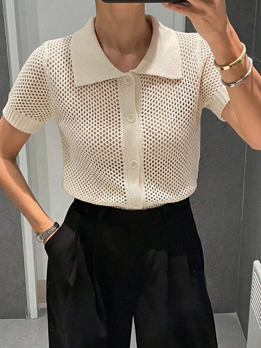 DAZY 女士商务休闲 Polo 领短袖针织上衣 - 米色 - 查看 1