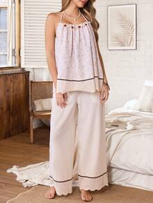 PalaceNights 3pcs Vintage Ditsy Floral Spaghetti Strap Jumpsuit And White Long Sleeve Cardigan Set - Multicolor - View 5
