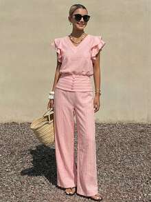 Livesso Spring/Summer Pink Vacation Outfit Commute Office V-Neck Ruffle Flutter Sleeve Casual Long Pants Women's 2 Pieces Set - Pink - View 4