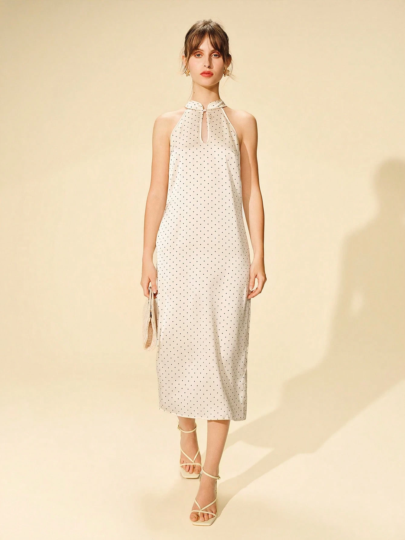 Champagne Polkadot Satin Key Hole Neck Midi Dress Wedding Guest Dress Premium Occasion Evening Dress
