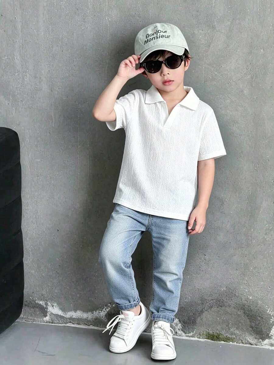 Genkimix Kids 小男孩純色短袖 Polo 衫與牛仔褲休閒日常穿搭套裝 - 白色 - 查看 1