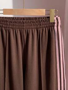 Muchica Patchwork Striped Elastic Waist Brown Checkered Knit Wide Leg Sweatpants Daily Summer Sporty - Multicolor - View 8