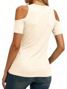 EMERY ROSE Bohemian Style Embroidered Print Fashion Women's Heart Neckline Off-Shoulder Casual Short Sleeve T-Shirt, Suitable For Spring/Summer Commuting, Vacation And Photography - Apricot - View 2