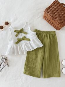 SHEIN 2pcs/Set Baju Bayi Perempuan Musim Panas Kasual Lucu Manis Atasan Tank Top dengan Pita & Celana Panjang Pinggang Elastis - Lime Green - View 3
