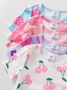 Young Girls Snug Fit Colorful Fruit Pajama Set With Lemon, Strawberry, Cherry & Flower Decor, Elastic Round Neck, Short Sleeve Shorts, Random 1 Set - Multicolor - View 6