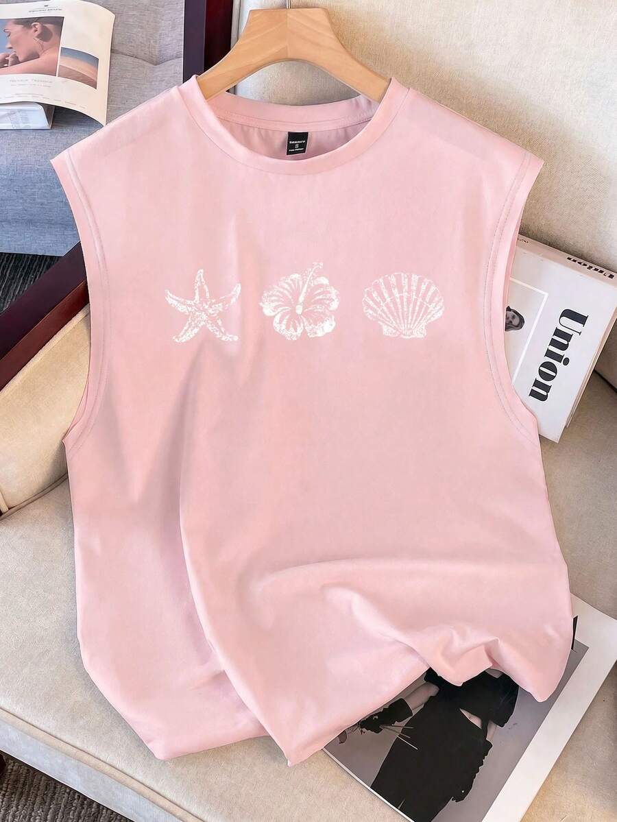 Manfinity Joysei Tank Top Kasual Pria Motif Bintang Laut dan Bunga, Kerah Bulat, untuk Liburan - Berwarna merah muda - View 1