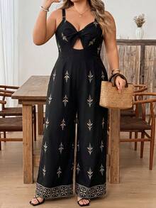 SHEIN CURVE+ Plus Size Vacation Printed Hollow Out Loose Jumpsuit, Summer Bohemian Boho Style Black And Gold - Black - View 5