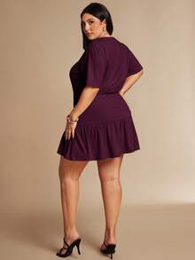 SHEIN BAE Gaun Pendek Lengan Pendek dengan Ikat Pinggang Warna Aprikot untuk Wanita Ukuran Besar - Purple - View 2