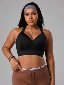 SHEIN Rhythm Era حمالة صدر رياضية ذات دعم عالي للمقاسات الكبيرة مع أكواب ثابتة، أشرطة قابلة للتعديل متقاطعة وإبزيم للخصر - الأسود - مشاهدة 4