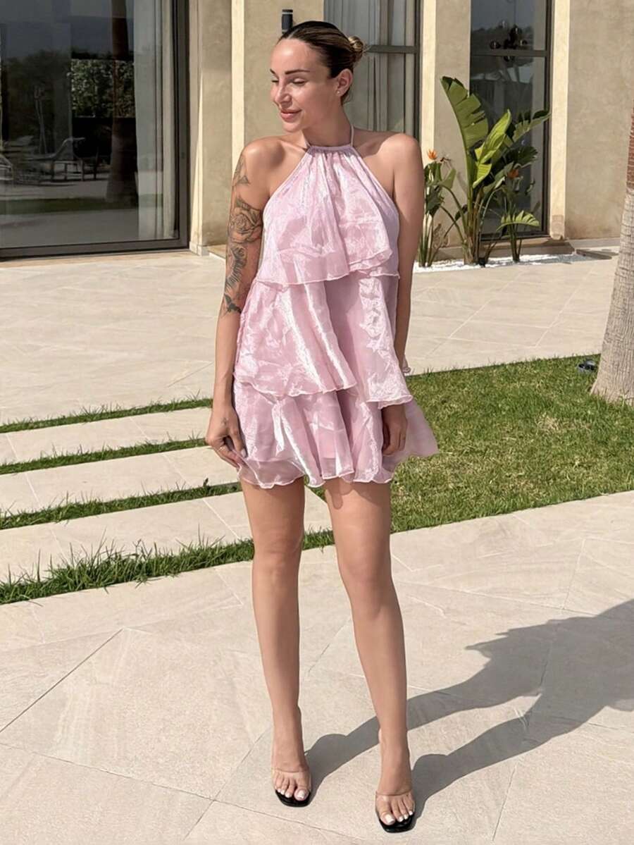 Mélanie ORL Romantic Date Night Elegant Backless Layered Hem Organza Halter Neck Ruffle Detail Puff Dress, Occasion Dress,Boho Women Party - Pink - View 1