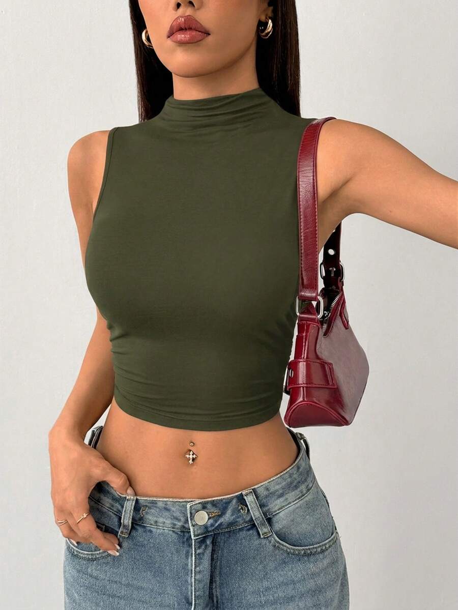 SHEIN PETITE 黑色小立領抓皺背心，適合嬌小女性 - 橄欖綠 - 查看 1