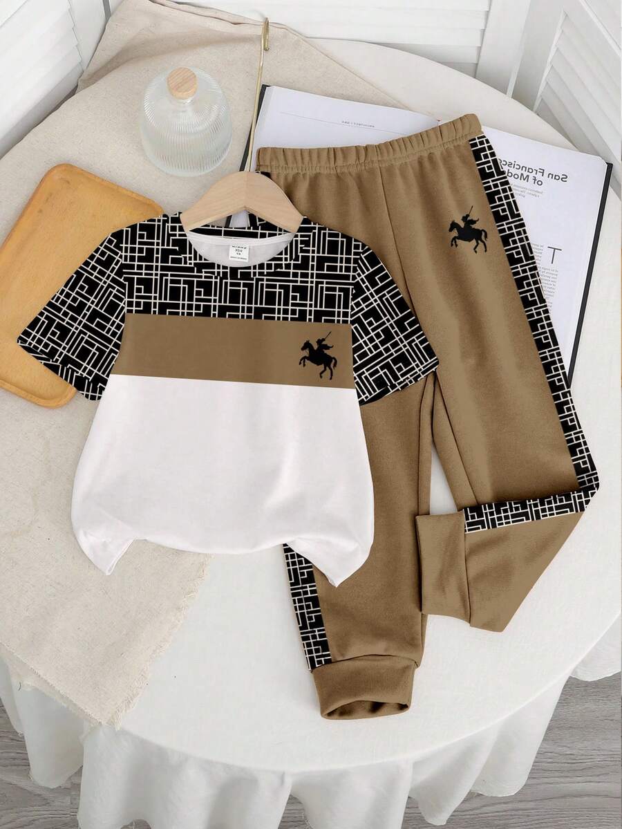 2pcs Young Boy Casual Minimalist Round Neck Short Sleeve Top And Pants Set - Multicolor - View 1