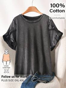 CosyJoli Áo nữ size lớn mùa hè gấu bèo, áo thun tay ngắn màu đen, quần áo nữ dáng rộng thoải mái, áo họa tiết bông tuyết, áo giặt mài - màu đen - Xem 1