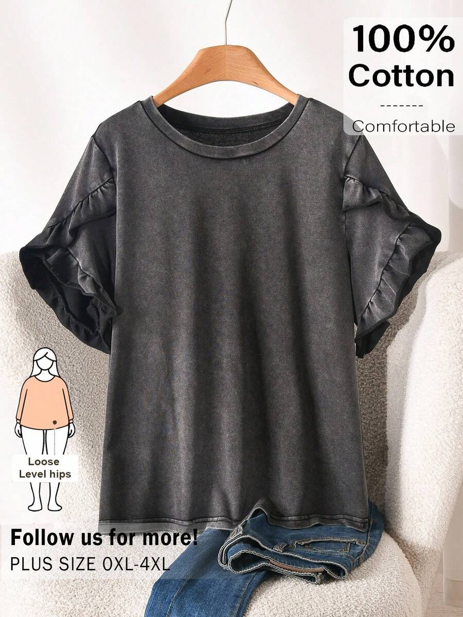 CosyJoli Áo nữ size lớn mùa hè gấu bèo, áo thun tay ngắn màu đen, quần áo nữ dáng rộng thoải mái, áo họa tiết bông tuyết, áo giặt mài - màu đen - Xem 1