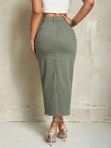 SHEIN SXY Chân váy denim ngắn cạp cao xẻ tà, thời trang mùa hè, thiết kế tối giản. - màu xanh lá - Xem 2