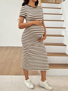 SHEIN Maternity Striped Round Neck Short Sleeve Side Slit Dress - Brown - View 4