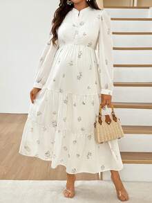 SHEIN 孕婦花卉印花鈕扣半開襟長袖洋裝 - 彩色 - 查看 6