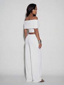 Normani 女士夏季休闲纯色露肩短款上衣和裤子两件套 - 白色 - 查看 3