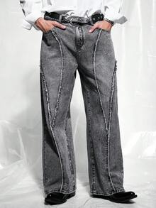 IRON GLYPH Men's Street Fashion Distressed Patchwork Vintage Washed Wide Leg Pants - Light Grey - View 4