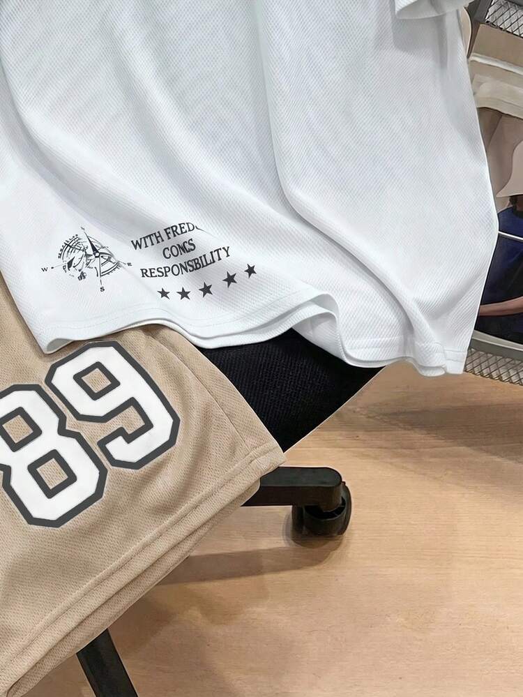 SHEIN 2Pcs Tween Boy Sports & Casual Outfit,White Summmer Graphic T-Shirt And Shorts Set,Back-To-School Streetwear,Soft Comfortable School Outdoor Wear - Apricot - View 6