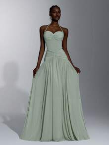 Elitara Elegant Green Elastic Mesh Fabric Beaded Chain Decor Bodice Voluminous Skirt Formal Party Dress Wedding Guest Dress Bachelorette Dress Gala Dress - Green - View 7