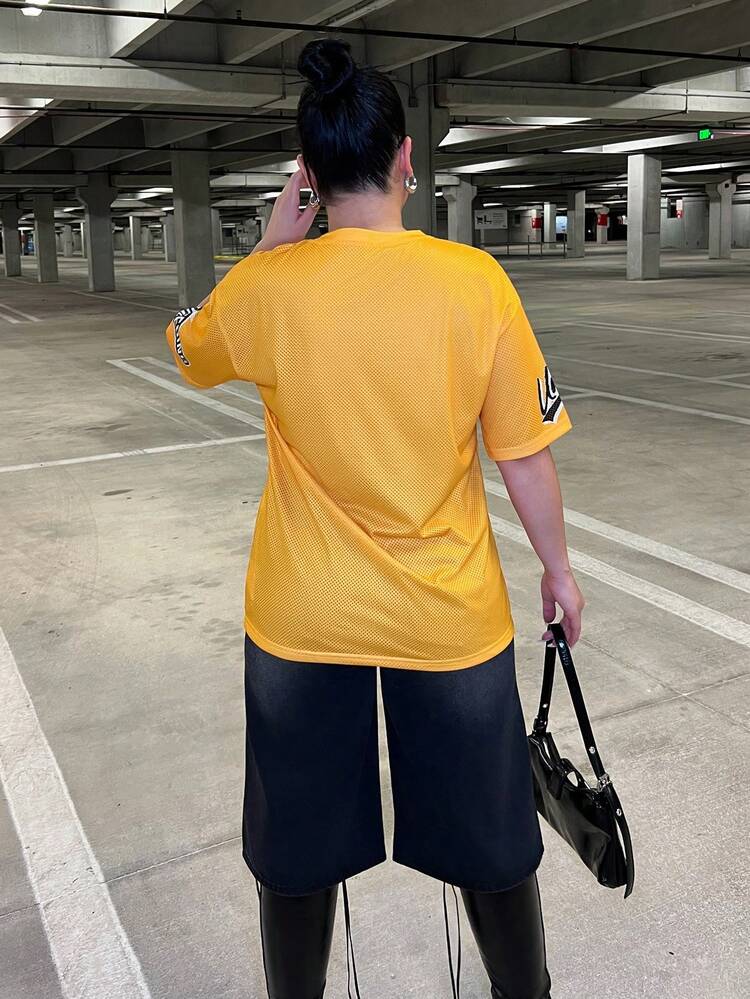 Dayanna Comas 女款街頭風運動 Blockcore 數字印花網眼球衣 T-shirt，情侶同款 Y2K 休閒風 - 黃色 - 查看 2