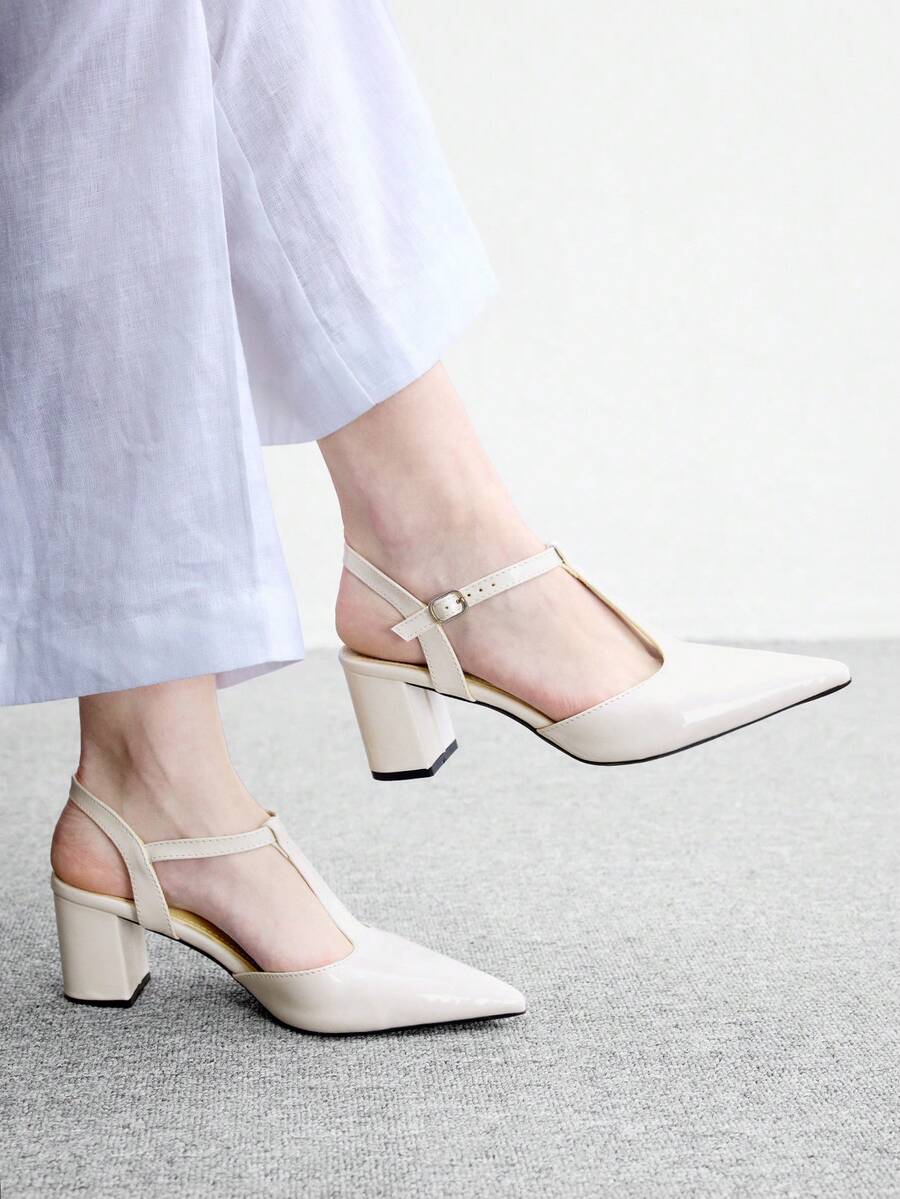CUCCOO BIZCHIC White Patent Leather Pointed T-Word With High-Heeled Sandals, Buckle With Temperament Commuting Low Vamp Mary Jane Shoes - Chantilly - View 1