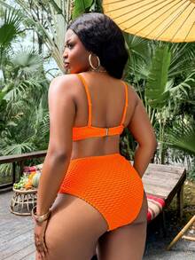Slaydiva Plus Size Women 2pcs/Set Random Textured Fabric Casual Sexy Swimwear Set Beach Vacation Orange Summer - Burnt Orange - View 2