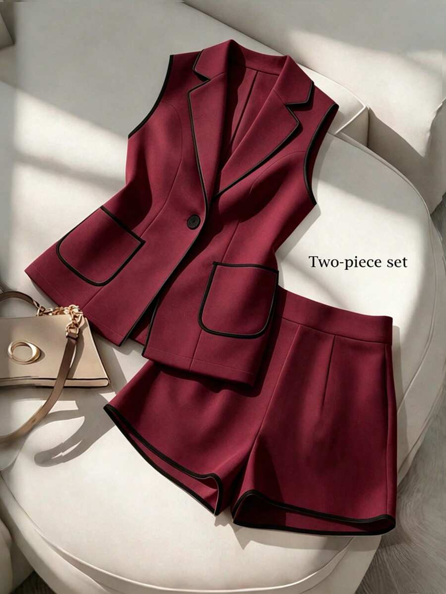 SHEIN Franclia New Women's Fashion Elegant Commute Color Block Lapel Sleeveless Vest Jacket & Shorts Set, Spring/Summer Versatile Commute Outfit - Burgundy - View 1