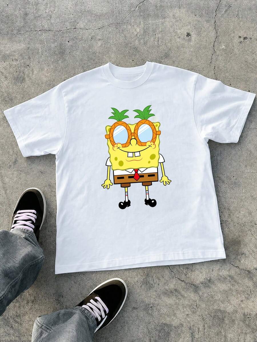SpongeBob SquarePants | SHEIN Manfinity EMRG 男士卡通印花休閒可愛圖案街頭風百搭日常穿搭城市度假短袖T恤 白色夏季度假款 - 白色 - 查看 1