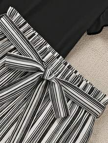 EMERY ROSE 2pcs Plus Size Set: Solid Color Ruffle Sleeve Top And Striped Shorts, Casual Vacation Summer Outfit For Women - Black - View 6
