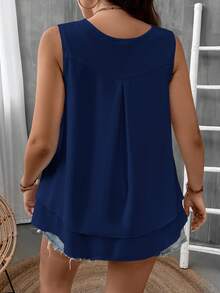 EMERY ROSE Plus Size Women V-Neck Ruffle Hem Sleeveless Blouse - Navy Blue - View 2