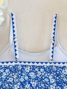 SHEIN Tween Girl Blue And White Small Ditsy Floral Bikini Set Set, Island Style Print, Vacation Style, Suitable For Spring And Summer, Outdoor Activities - Blue - View 5