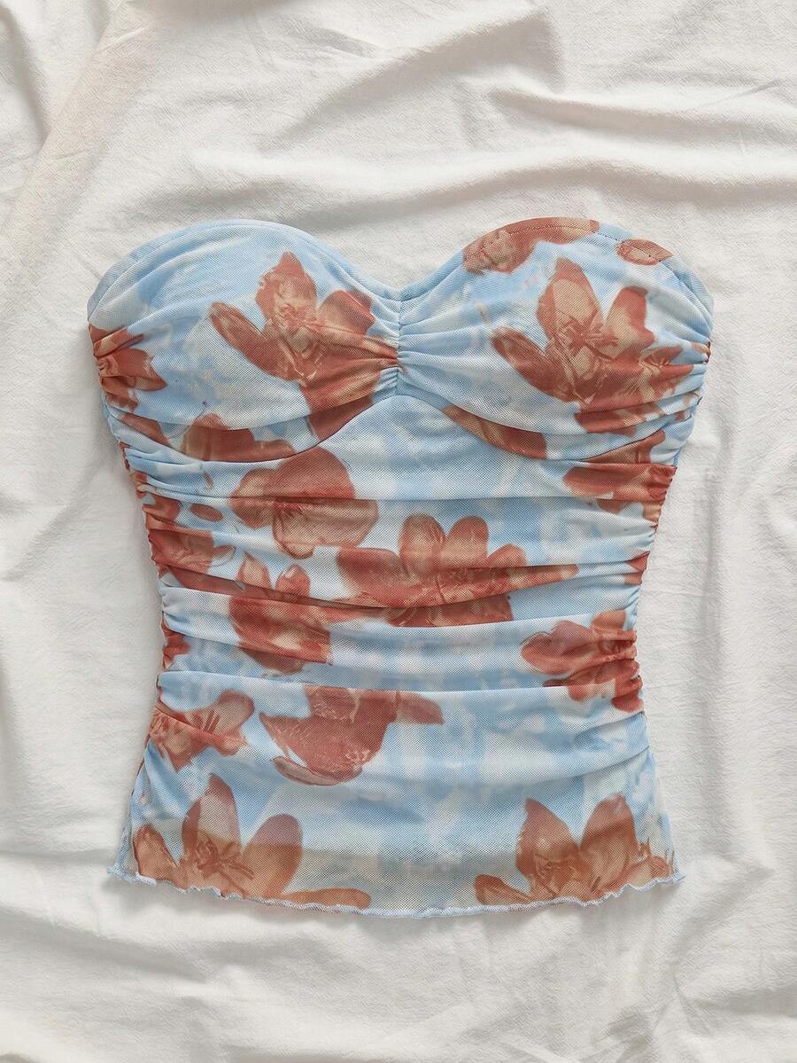 SHEIN VCAY 女款春夏度假針織網格印花修身抹胸上衣 - 藍色 - 查看 1