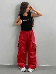 Tween Girls' Fashionable Utility Cargo Pants Pants Loose For Girls Red Cargo Pants Kids Clothes Girls Y2k - Red - View 3