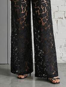 Anewsta Fashionable Lace Patchwork Hollow Out Long Pants - Black - View 2