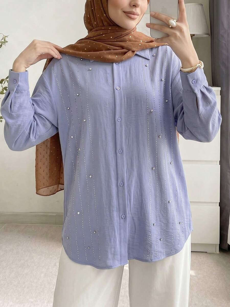 Solavon Damen Einfarbiges Hemd mit Knopfleiste, Loose Fit, Lange Ärmel, Drop-Shoulder - Graublau - Übersicht 1