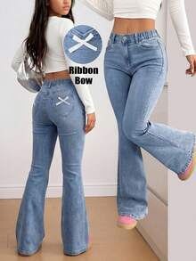 SHEIN 青少年女孩牛仔長褲 復古水洗色街頭風時尚水洗磨損毛邊喇叭褲 百搭新款 - 中等水洗藍 - 查看 2