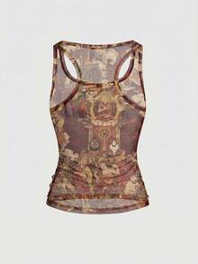 ROMWE Avant New Chinese Style 2000s Artist Retro Religious Pattern Printed Mural Sexy Sheer Mesh Women's Tank Top Everyday Party Rave Brown Summer - Red - View 2