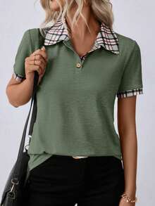 EMERY ROSE Casual Plaid Patchwork Short Sleeve T-Shirt, Summer - Multicolor - View 1