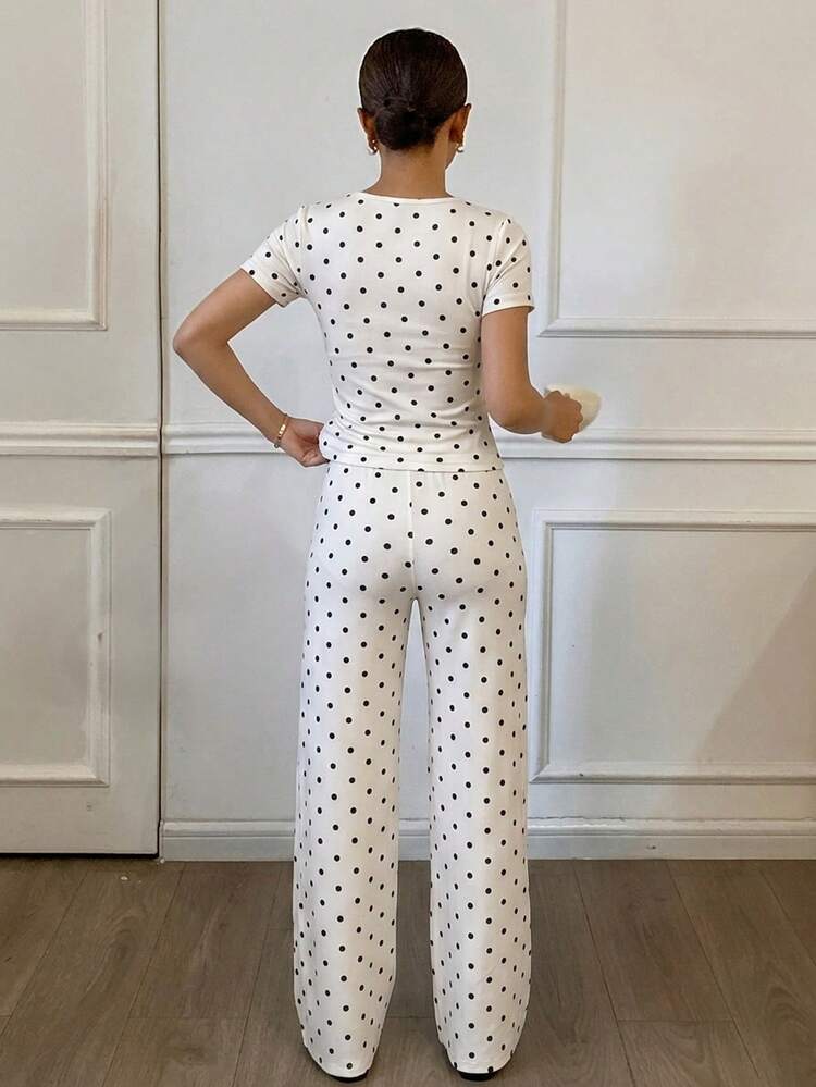 2pcs/Set Women's Polka Dot Print Square Neck Fitted Short Sleeve T-Shirt And Straight Long Pants Pajama Set, Summer