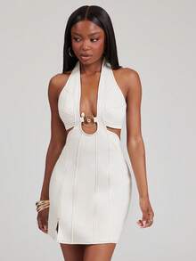 NYA SZN Denim Dress Hardware V Neck Stone Seaming Contrast Stitch Mini Length Sexy Country Western Date Night Brunch Event Outfits For Women - White - View 5