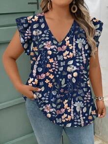 SHEIN CURVE+ Plus Size Women Casual Floral Print Ruffle Sleeve Blouse - White - View 5