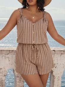 SHEIN Frenchy Plus Size Striped V-Neck Sleeveless Casual Loose Jumpsuit Casual Brown Striped Jumpsuit For Women Casual Vacation Going Out Jumpsuit For Women - Brown - View 8